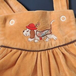 Minidress Vintage Orange Velour Overalls Embroidered Basset Hound Dog 9 Months
